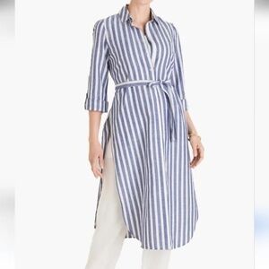 Chico's Women’s Linen Maxi Tunic Stripe Skies Blue 3/4 Sleeve Button Up NWT